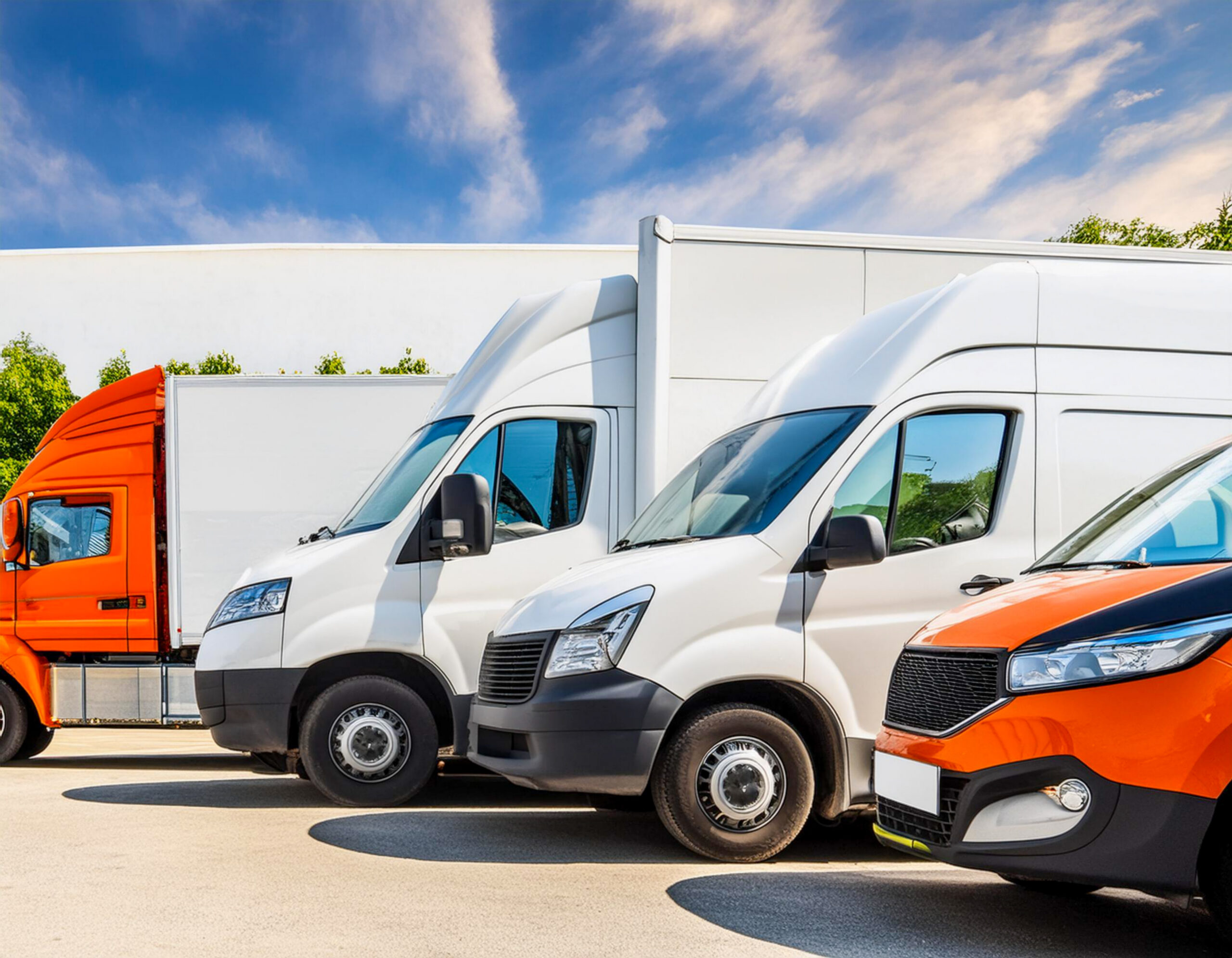 Three White Delivery Trucks vans fleet of cargo trucks courier service Warehouse Building